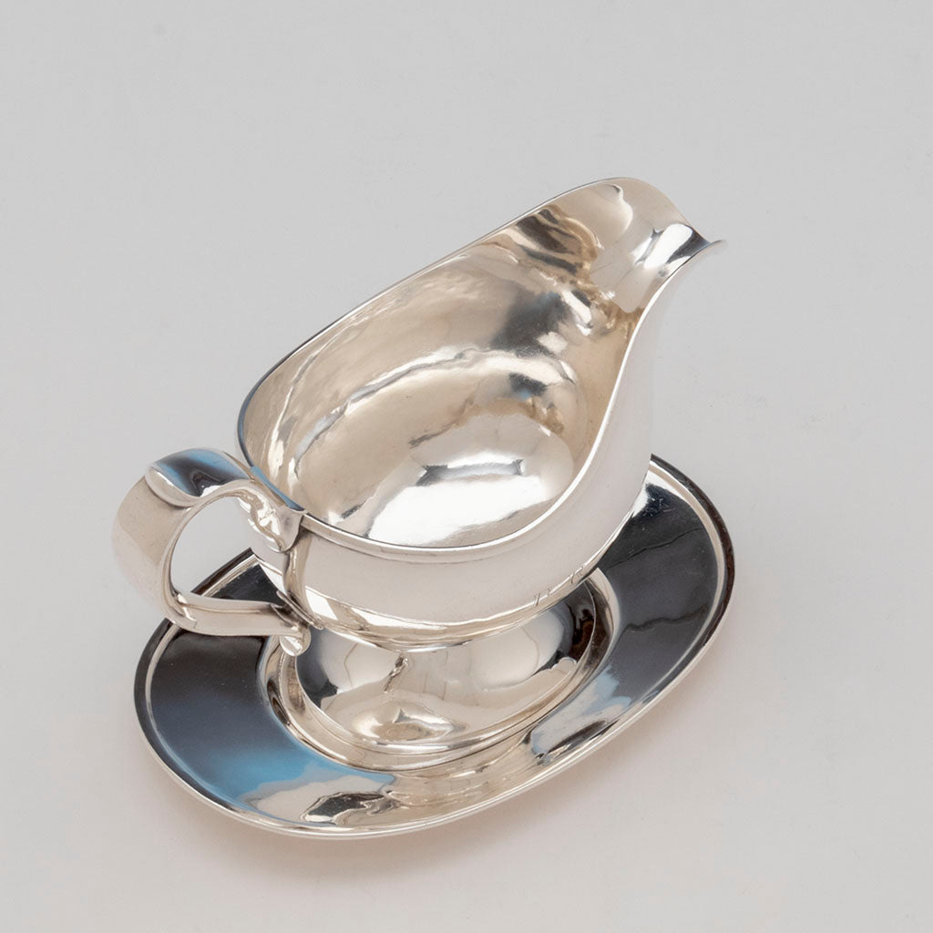 Arthur Stone Arts and Crafts Sterling Silver Sauce Boat with Tray, Gardner, MA, 1912