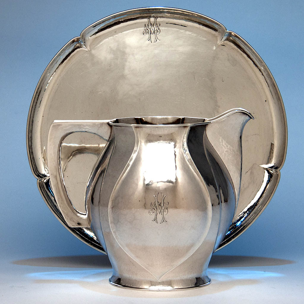 The Kalo Shop Hand Wrought Sterling Silver Arts &amp; Crafts Pitcher with Original Tray, Chicago, Illinois - 1920