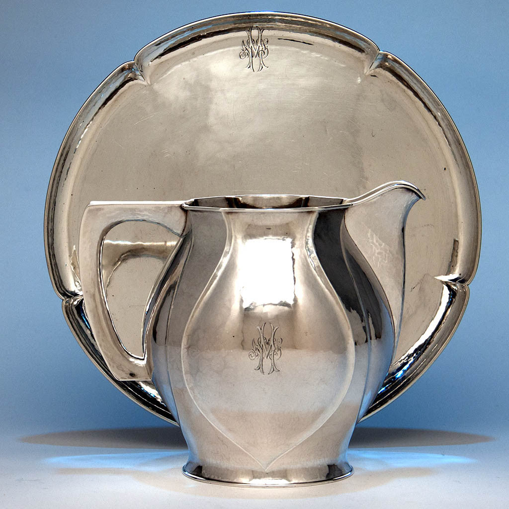 The Kalo Shop Hand Wrought Sterling Silver Arts & Crafts Pitcher with Original Tray, Chicago, Illinois - 1920