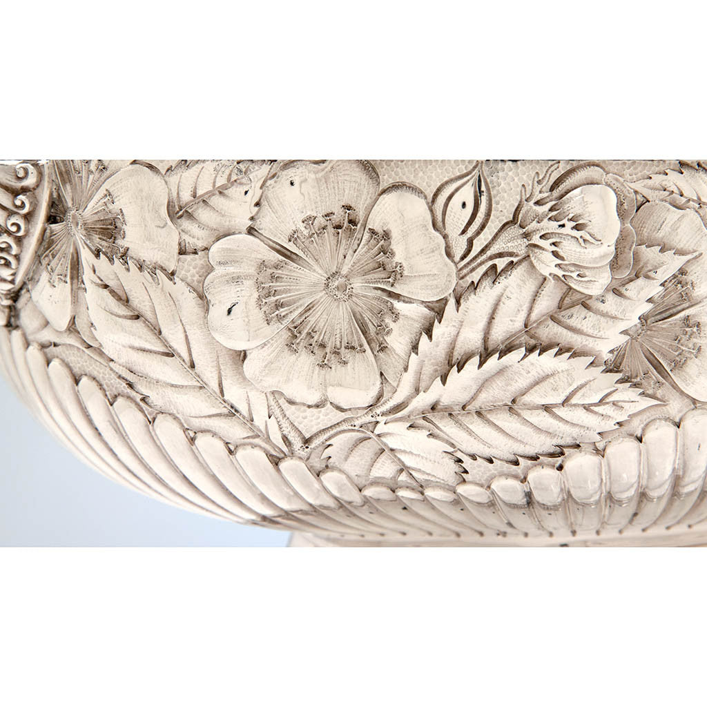 Repousse detail of Gorham &#39;Eglantine&#39; Antique Sterling Silver Aesthetic Movement Covered Tureen, Providence, 1884