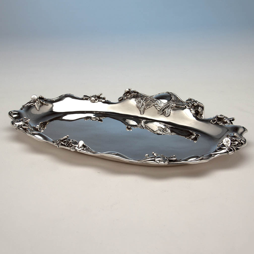 Angle of Tiffany &amp; Co Antique Sterling Silver Cactus Design Serving Tray, New York City, c. 1900-02, design attributed to John T. Curran