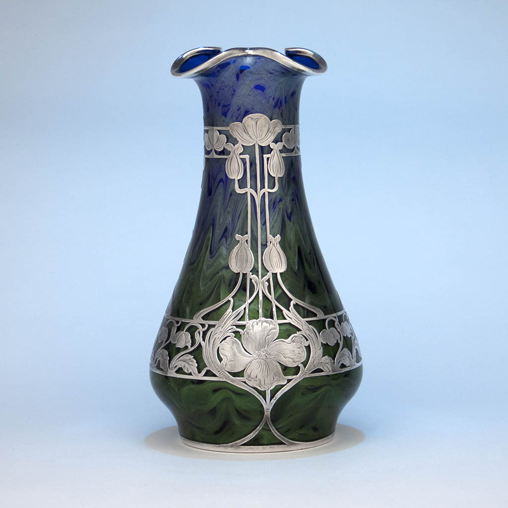 La Pierre Sterling Silver Overlay Large Antique Vase with Loetz (attributed) &#39;Titania&#39; Glass , New York and Austria, c. 1905-10