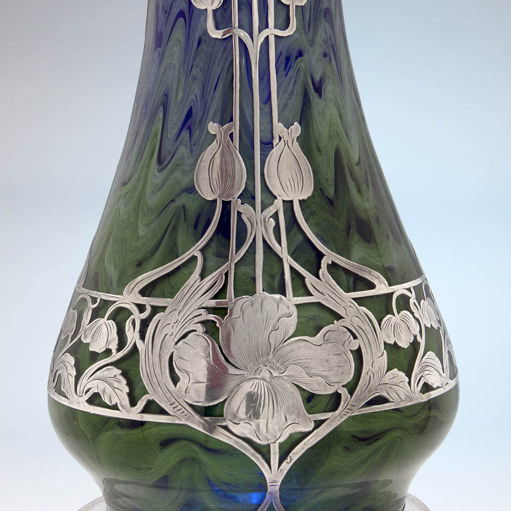 Body of La Pierre Sterling Silver Overlay Large Antique Vase with Loetz (attributed) &#39;Titania&#39; Glass , New York and Austria, c. 1905-10