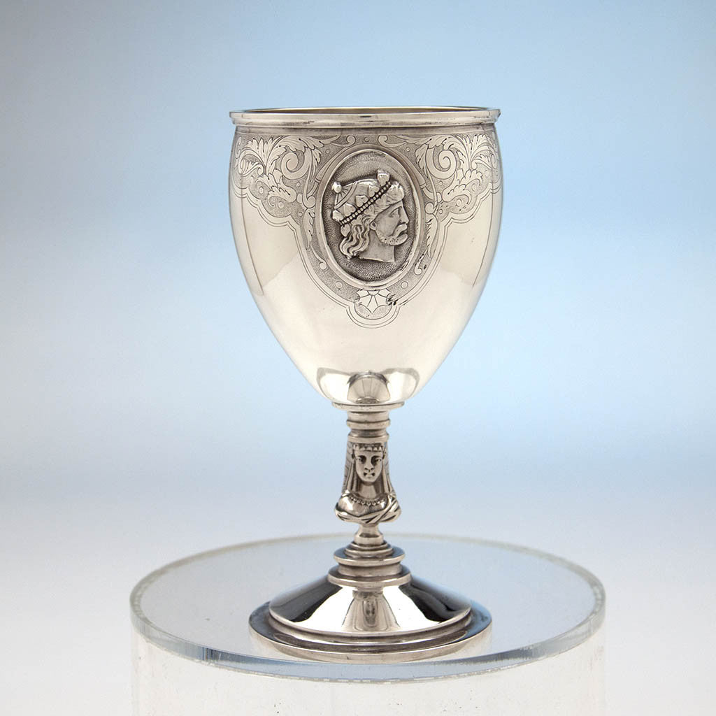 Second goblet of Gale, Dominick &amp; Haff Antique Sterling Silver Medallion Pitcher and Goblets Set, New York City, 1870-72