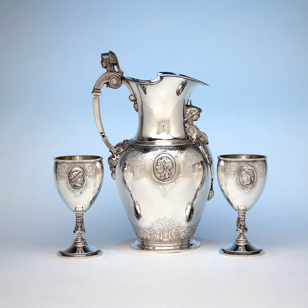 Gale, Dominick &amp; Haff Antique Sterling Silver Medallion Pitcher and Goblets Set, New York City, 1870-72