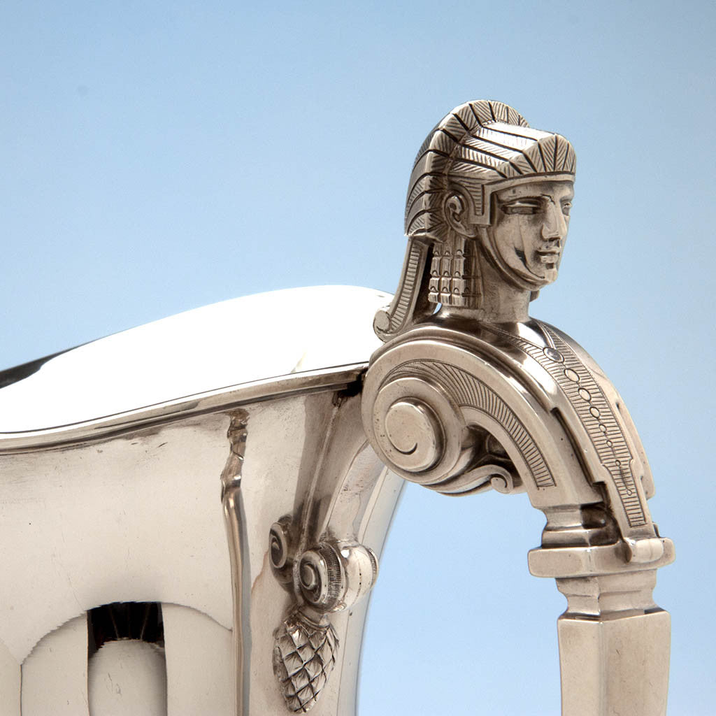 Side handle of Gale, Dominick &amp; Haff Antique Sterling Silver Medallion Pitcher and Goblets Set, New York City, 1870-72