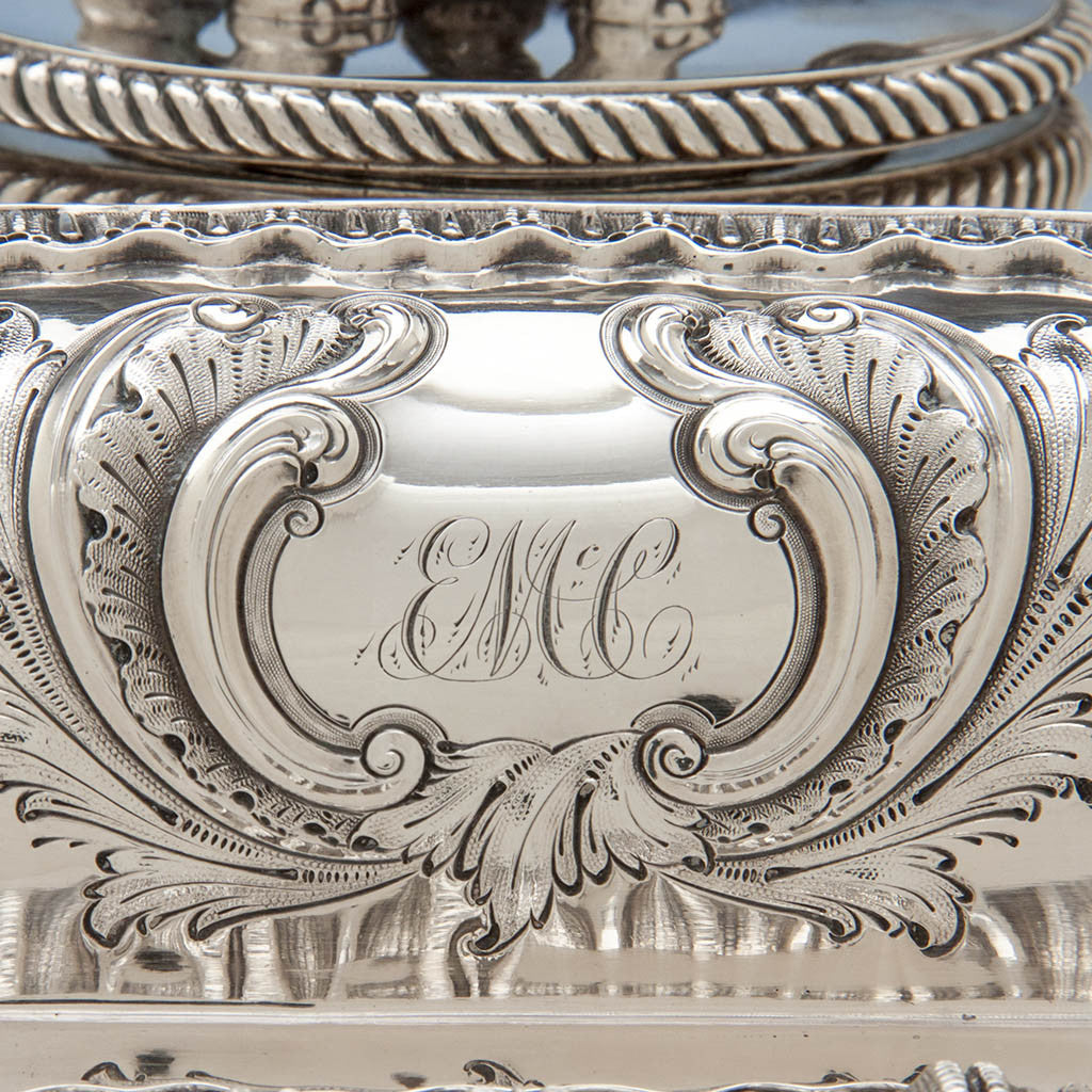 Monogram on Bailey &amp; Co Antique Coin Silver Covered Entree Serving Dishes exhibited at the New York Crystal Palace Exhibition, Philadelphia, 1853