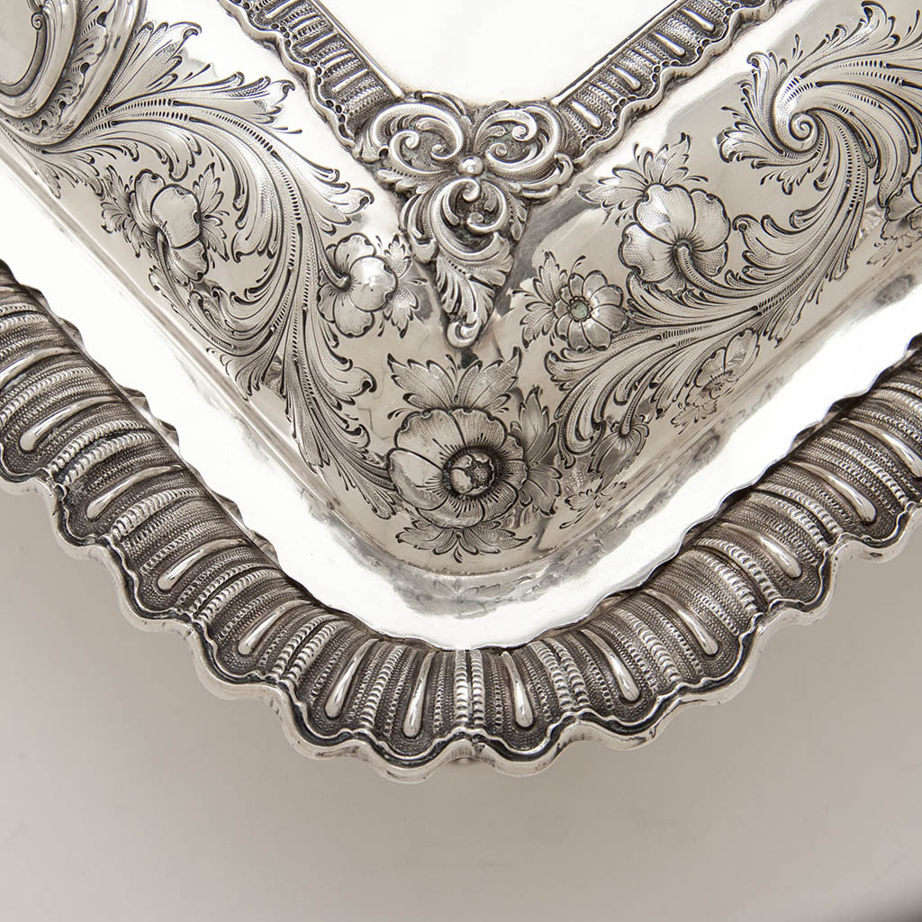 Corner of Bailey &amp; Co Antique Coin Silver Covered Entree Serving Dishes exhibited at the New York Crystal Palace Exhibition, Philadelphia, 1853
