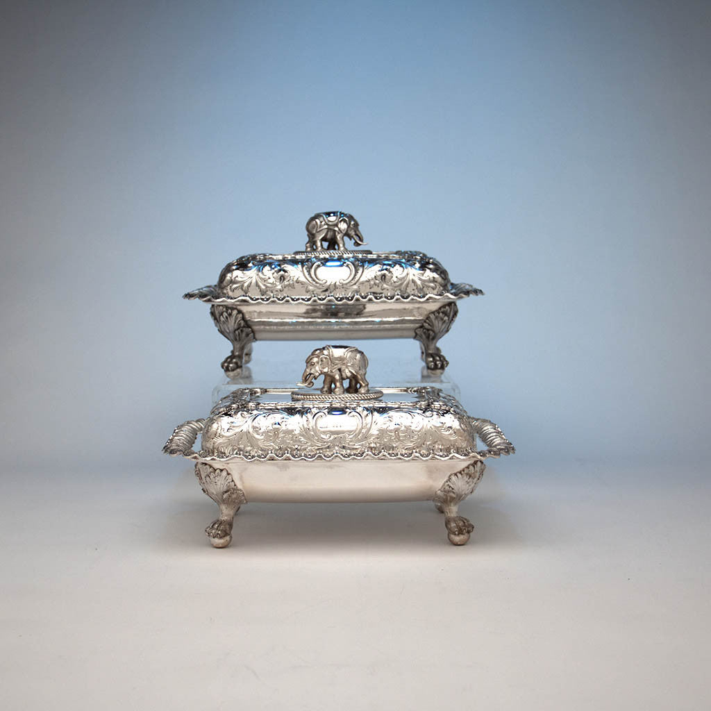 Sides of Bailey &amp; Co Antique Coin Silver Covered Entree Serving Dishes exhibited at the New York Crystal Palace Exhibition, Philadelphia, 1853