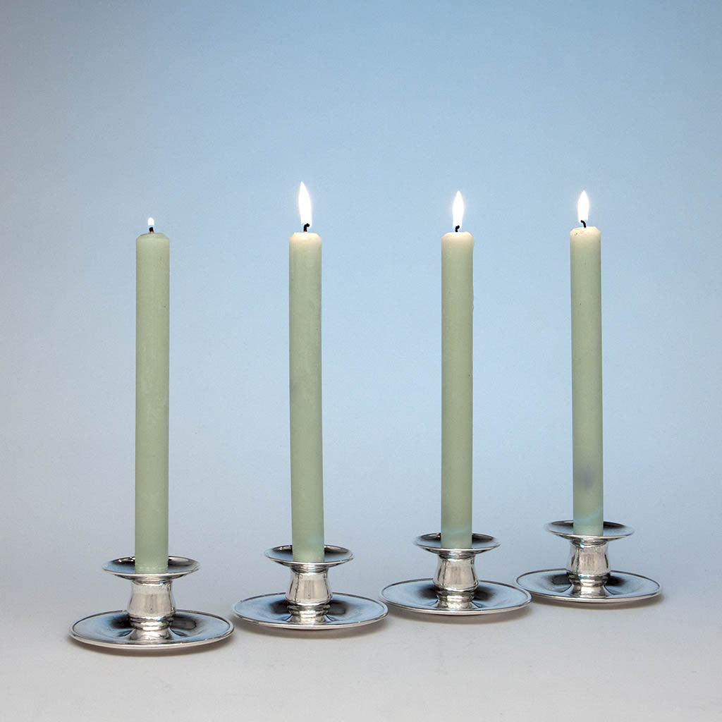 Lined The Kalo Shop Hand Wrought Sterling Silver Arts &amp; Crafts Candle Holders, Chicago, Illinois, c. 1920&#39;s - set of 4
