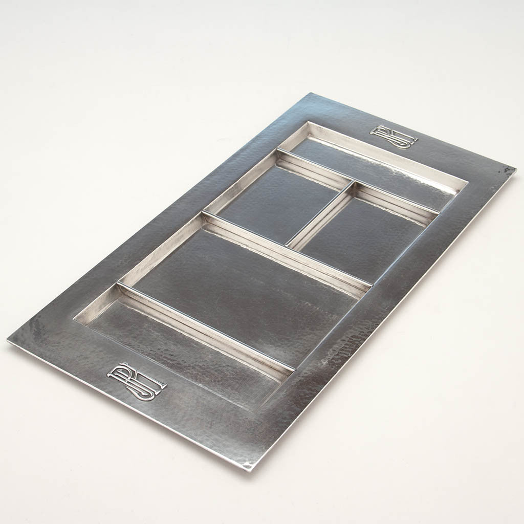 Angle of The Kalo Shop Large Hand Wrought Sterling Silver Arts &amp; Crafts Desk Tray, Chicago, IL, c. 1920&#39;s 