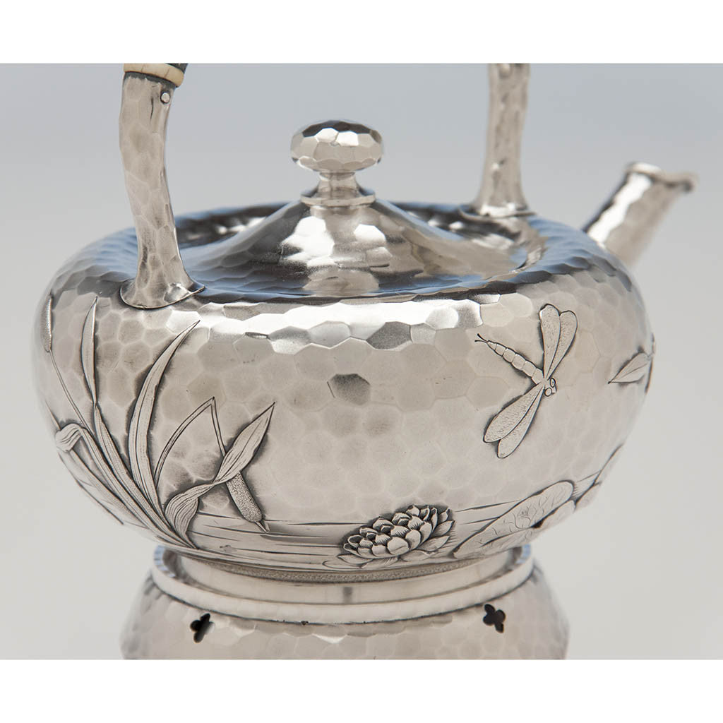 Dragonfly on Dominick &amp; Haff Antique Sterling Silver Aesthetic Movement Kettle on Stand, New York City, 1880