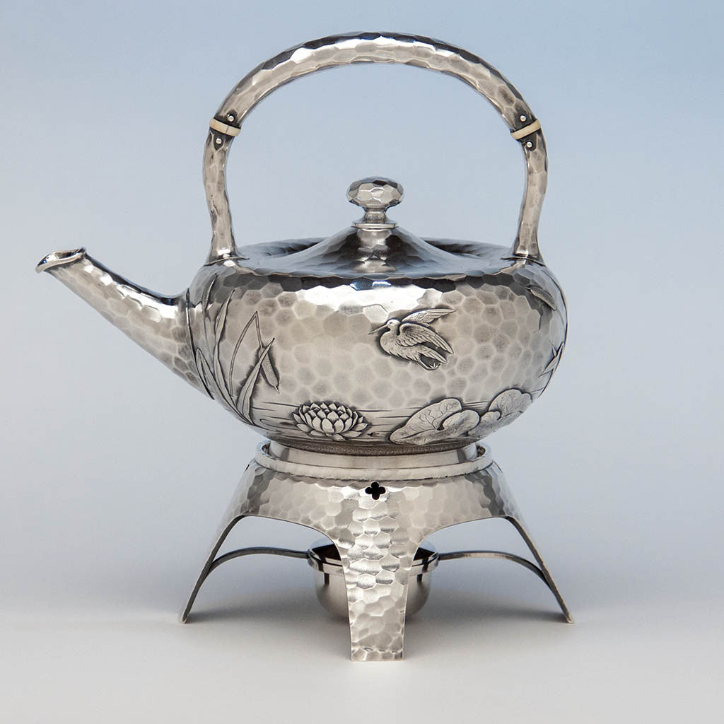 Dominick & Haff Antique Sterling Silver Aesthetic Movement Kettle on Stand, New York City, 1880