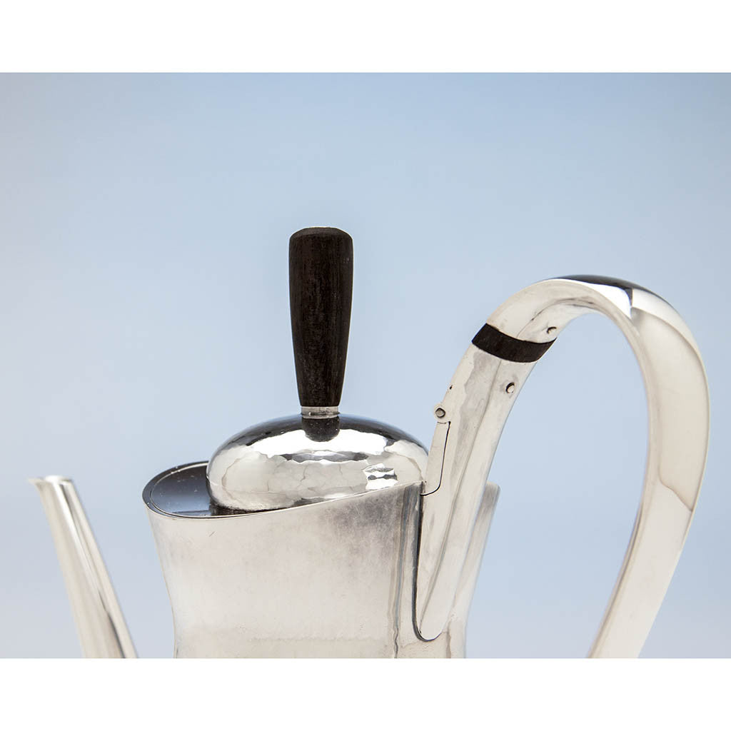 Cover hinge on Leslie Durbin English Mid-Century Modern Sterling Silver Coffee Service with Tray, London, 1967/68