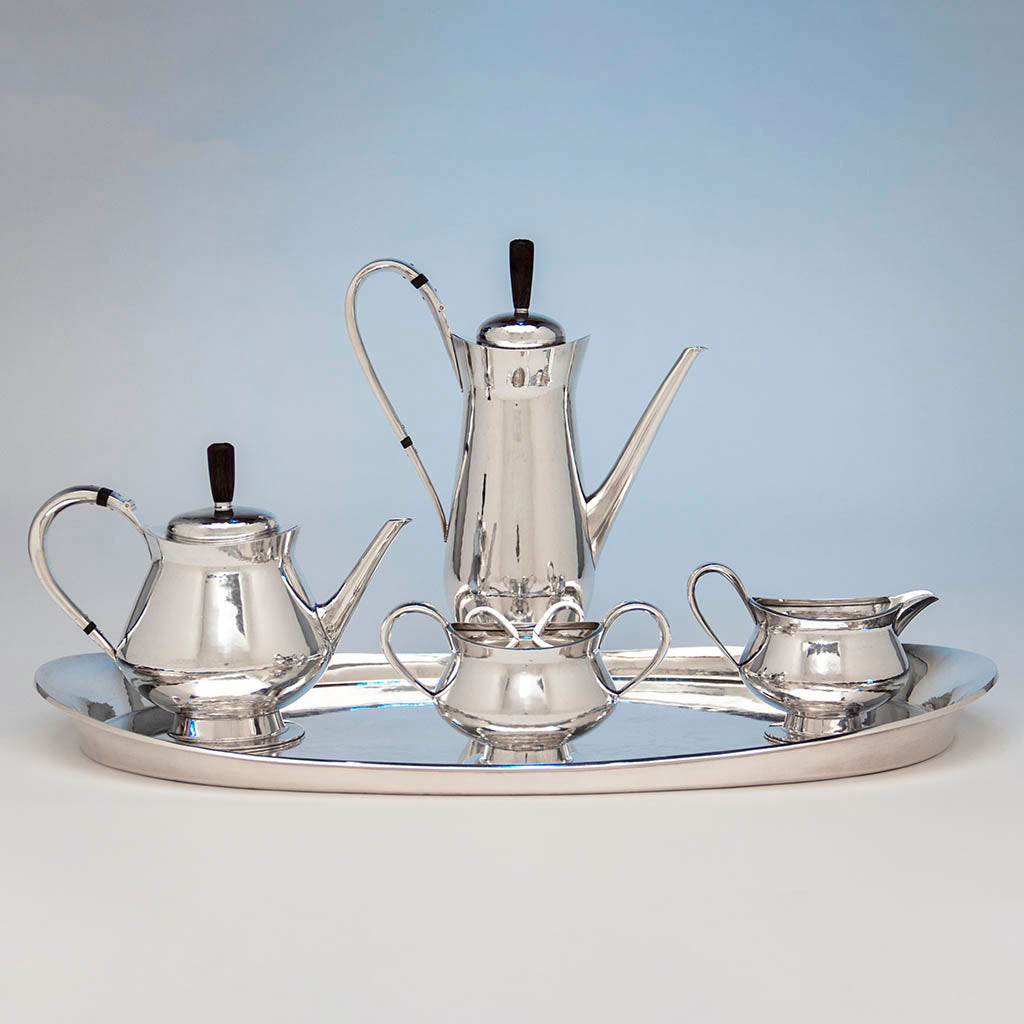 Leslie Durbin English Mid-Century Modern Sterling Silver Coffee Service with Tray, London, 1967/68