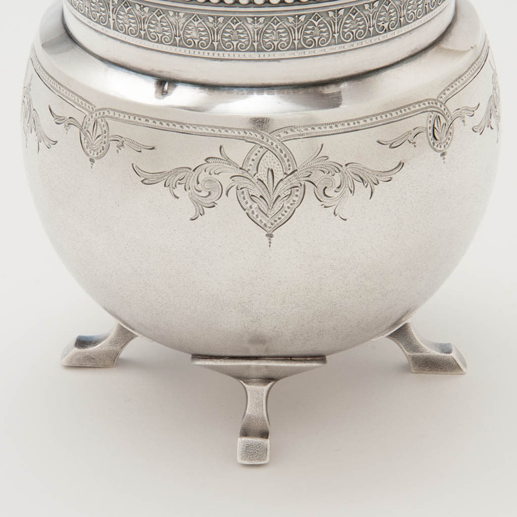 Body detail of Gorham Antique Sterling Silver Covered Condiment Jar with Bird Finial, Providence, RI, 1871