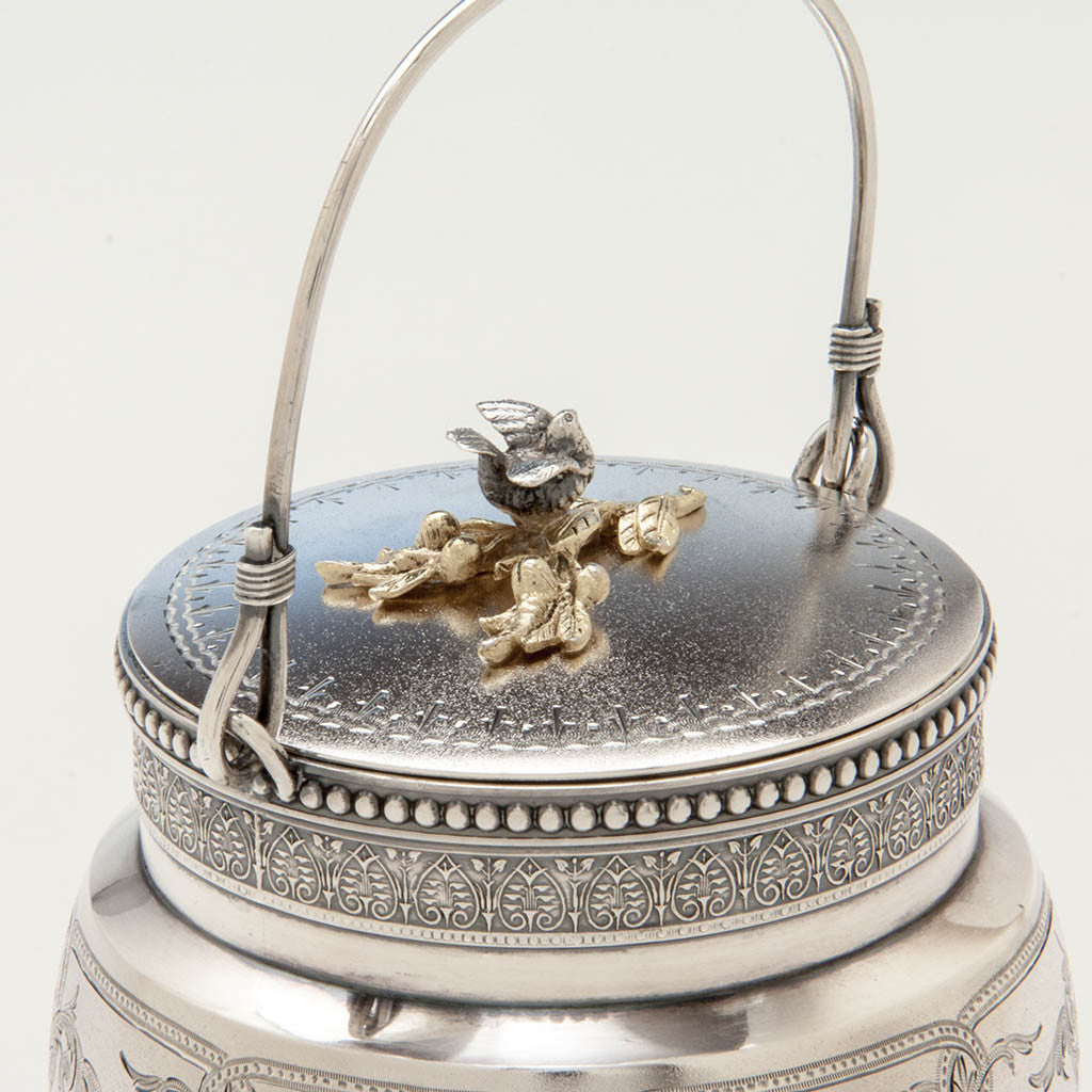 Handle to Gorham Antique Sterling Silver Covered Condiment Jar with Bird Finial, Providence, RI, 1871