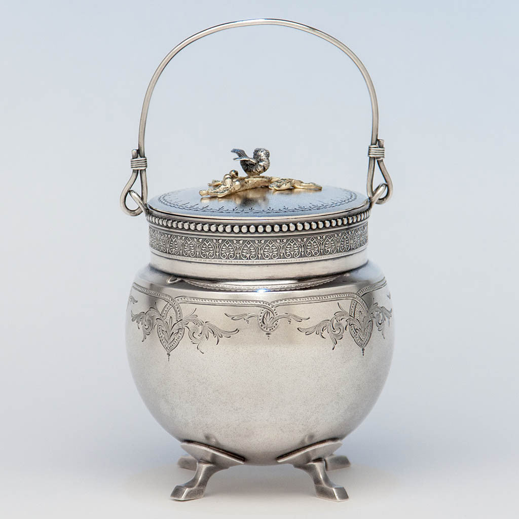 Gorham Antique Sterling Silver Covered Condiment Jar with Bird Finial, Providence, RI, 1871