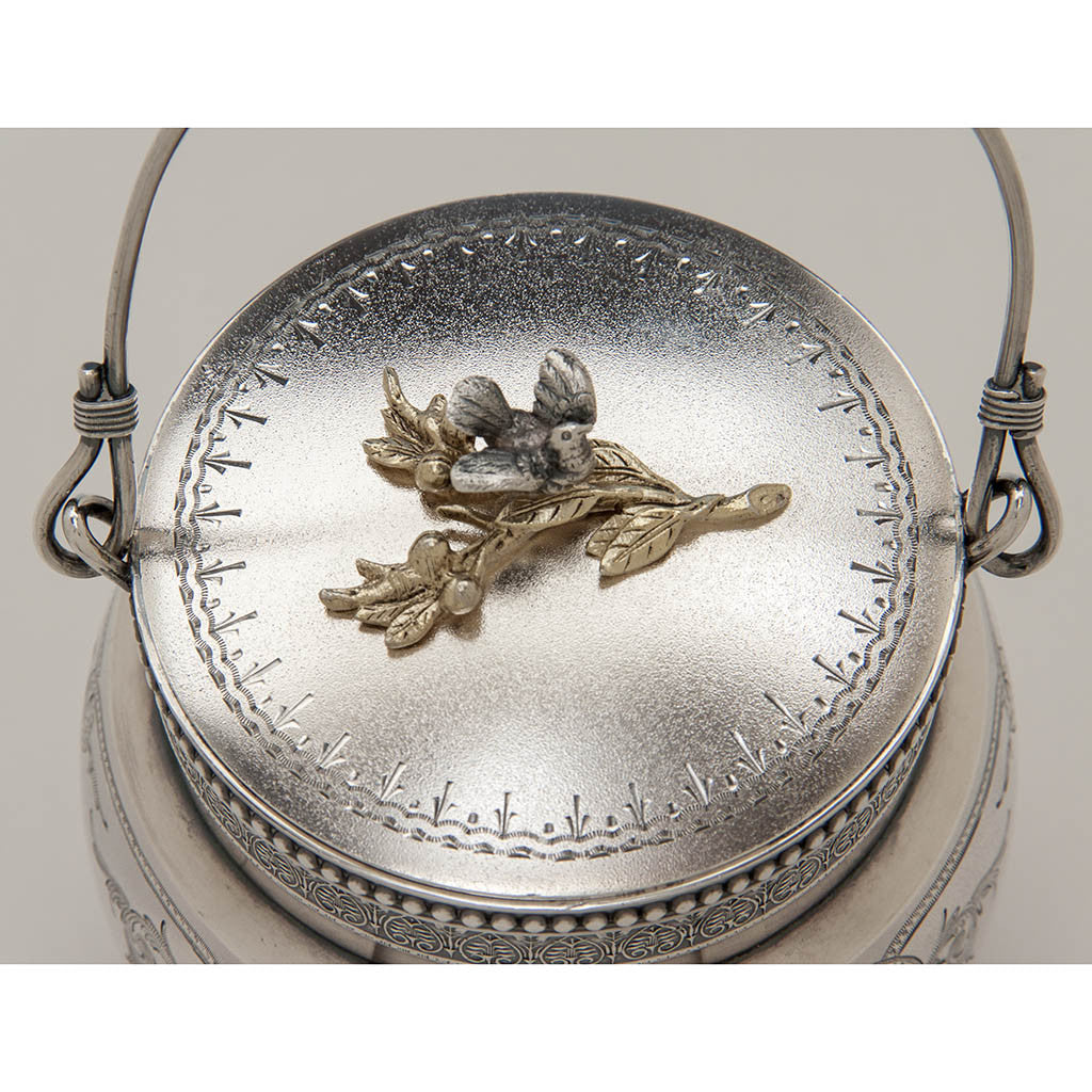 Top of Gorham Antique Sterling Silver Covered Condiment Jar with Bird Finial, Providence, RI, 1871