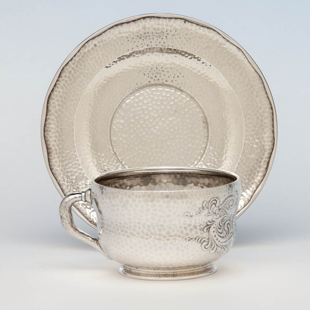Tiffany & Co. Antique Sterling Silver Aesthetic Movement Spot Hammered Cup and Saucer, New York City, c. 1880