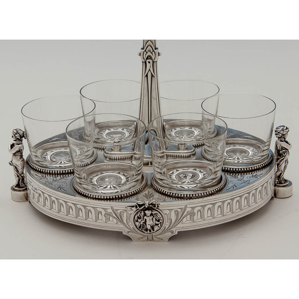 Stand of Gorham Antique Coin Silver Figural Caster Stand with 6 Glasses, Providence, RI, 1867