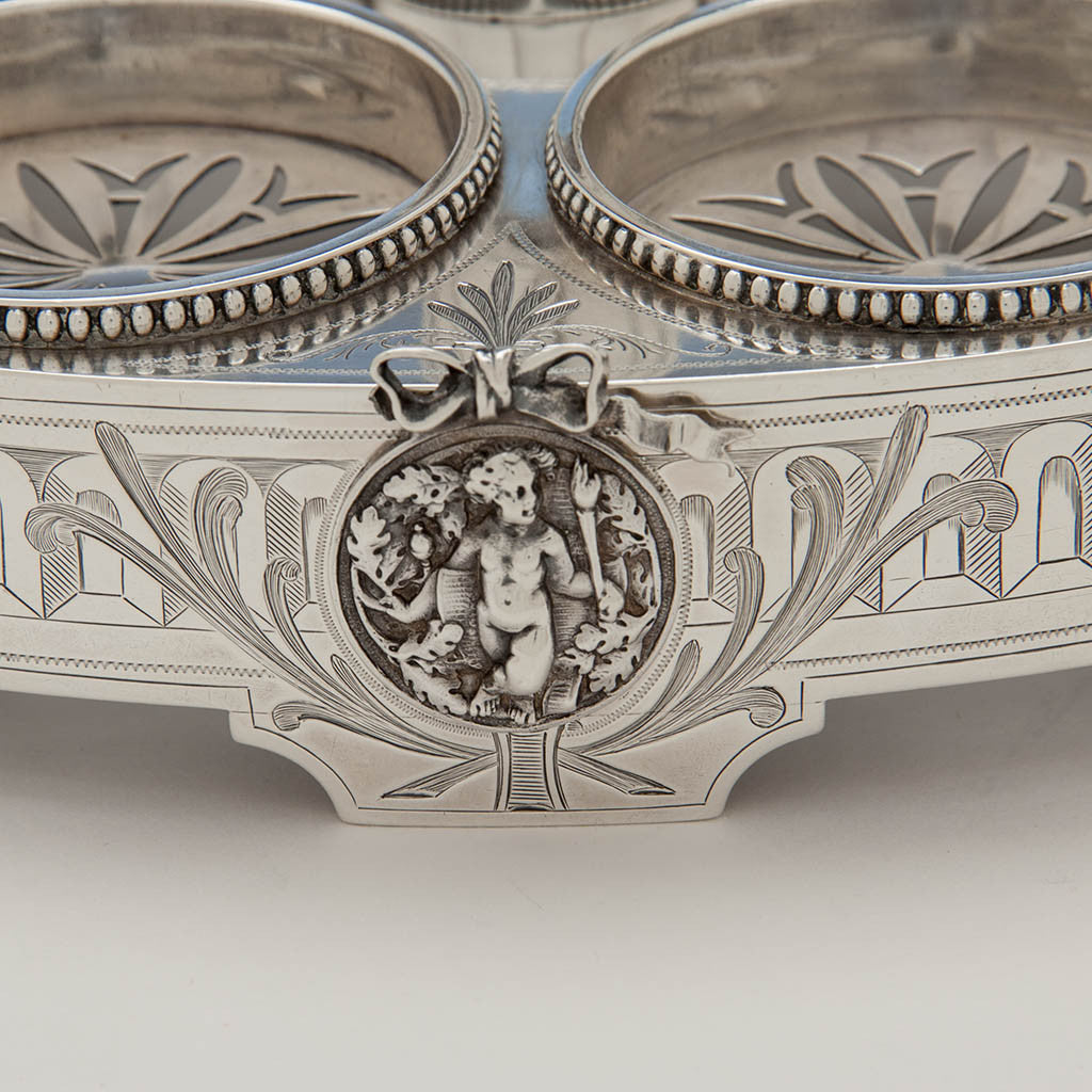 Medallion on Gorham Antique Coin Silver Figural Caster Stand with 6 Glasses, Providence, RI, 1867