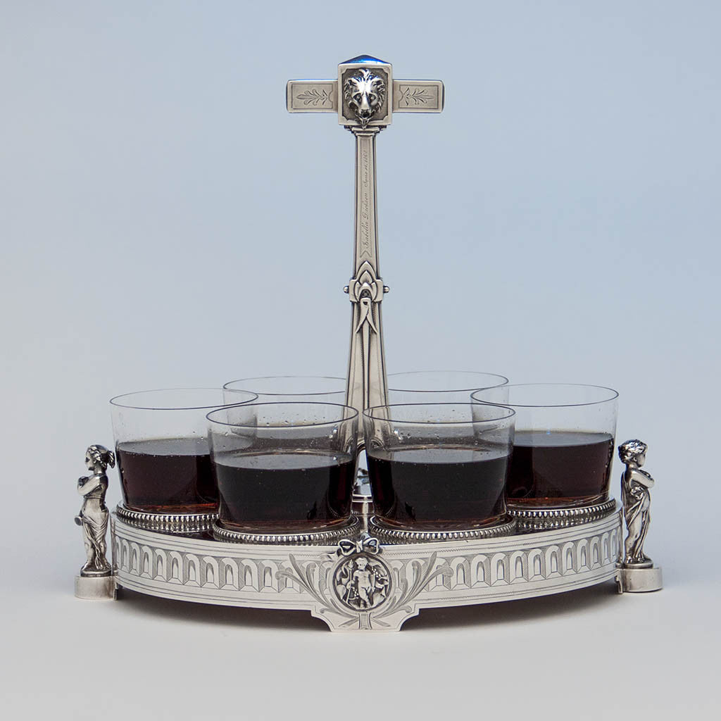 Gorham Antique Coin Silver Figural Caster Stand with 6 Glasses, Providence, RI, 1867