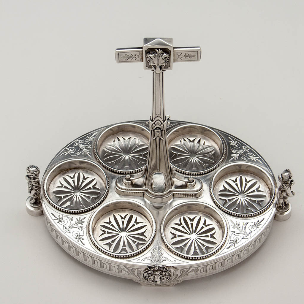 Platform of Gorham Antique Coin Silver Figural Caster Stand with 6 Glasses, Providence, RI, 1867