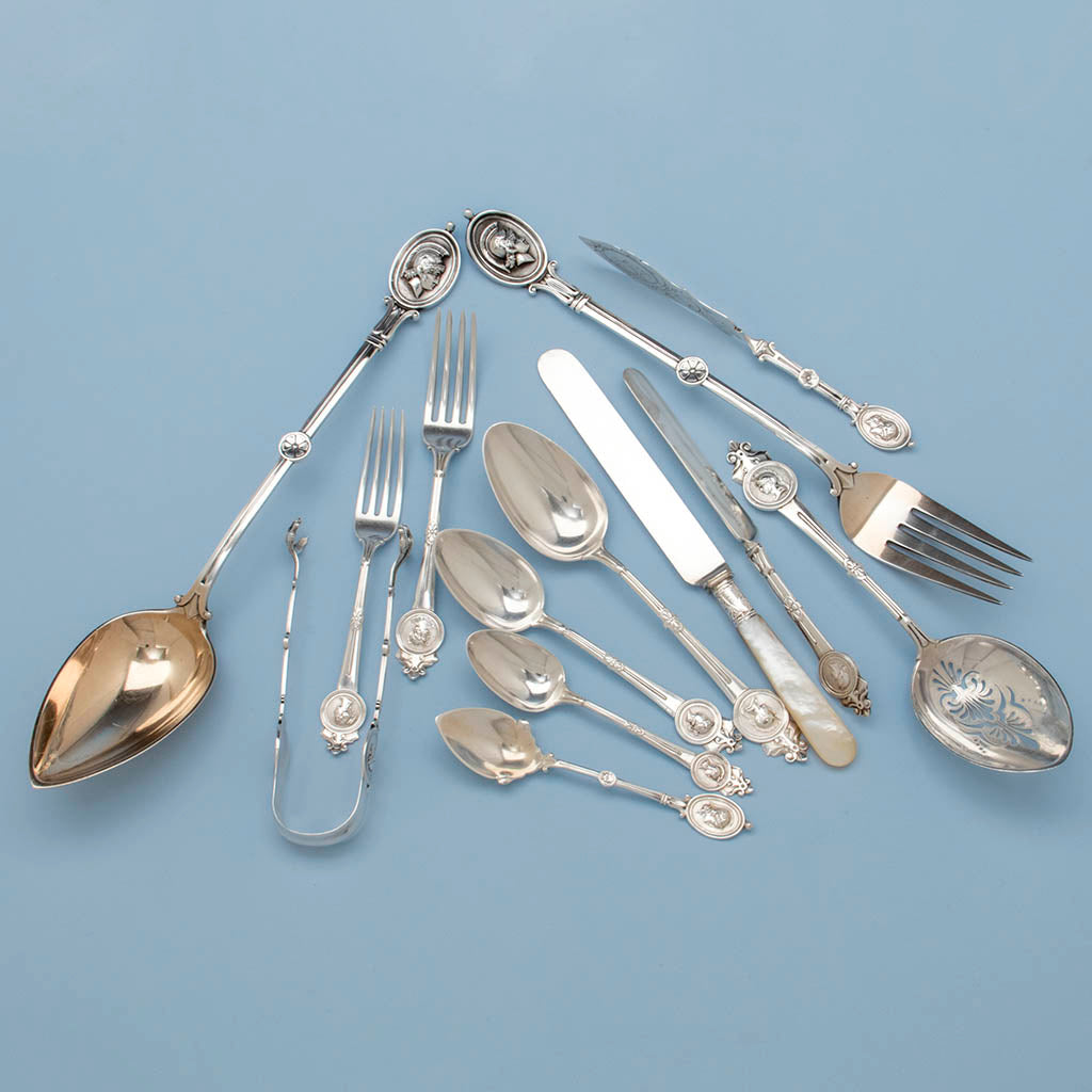 Gorham/ Wendt 'Medallion Pattern Antique Sterling Flatware Service, Providence, NYC, mid 1860's