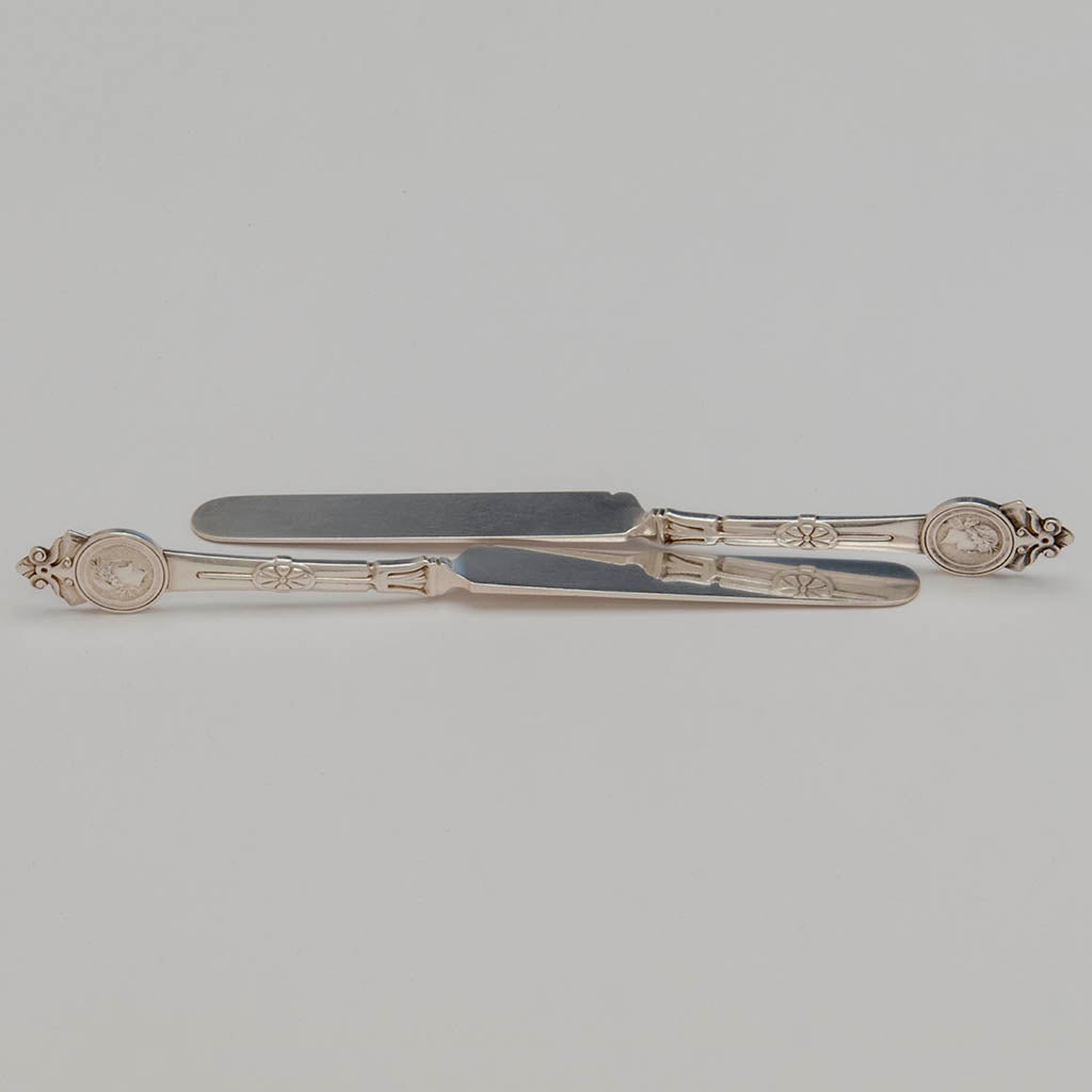 Gorham Luncheon knives to Gorham/ Wendt &#39;Medallion Pattern Antique Sterling Flatware Service, Providence, NYC, mid 1860&#39;s