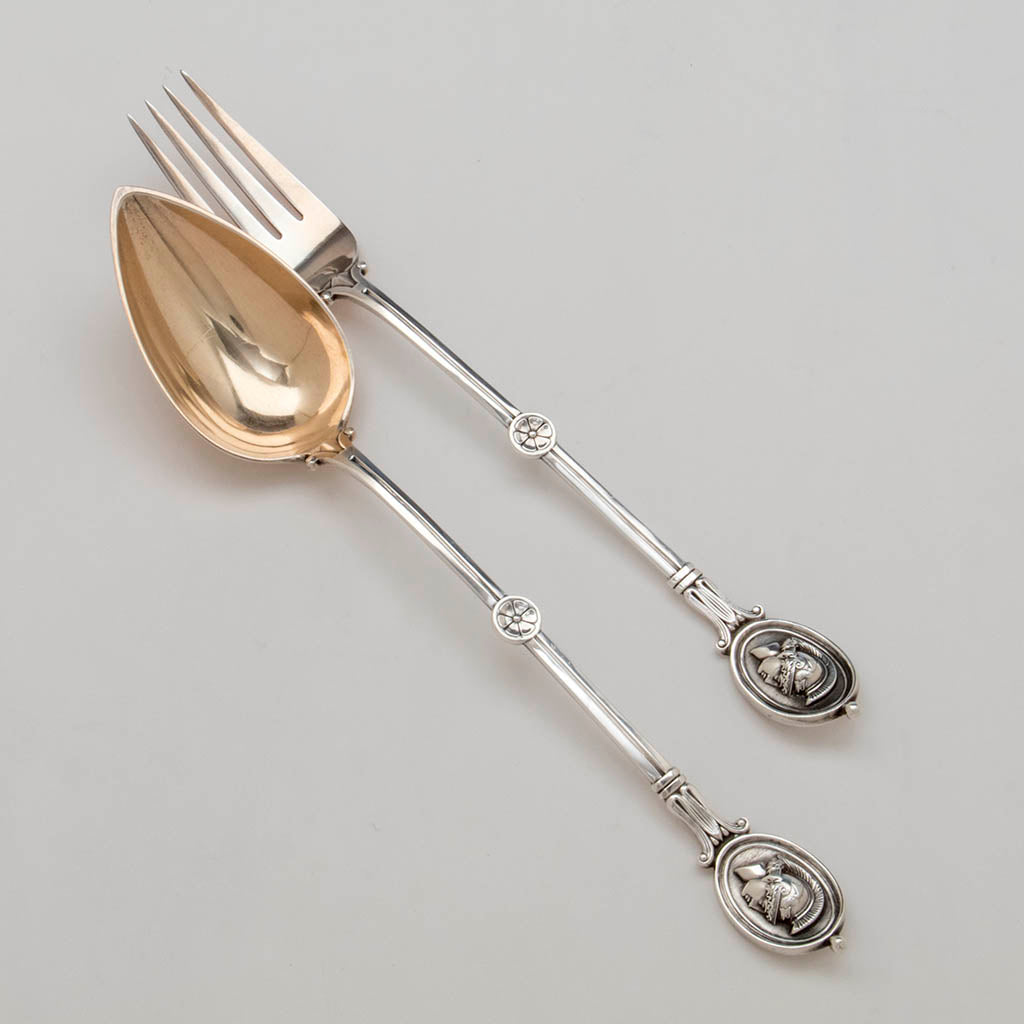 Salad set to Gorham/ Wendt &#39;Medallion Pattern Antique Sterling Flatware Service, Providence, NYC, mid 1860&#39;s