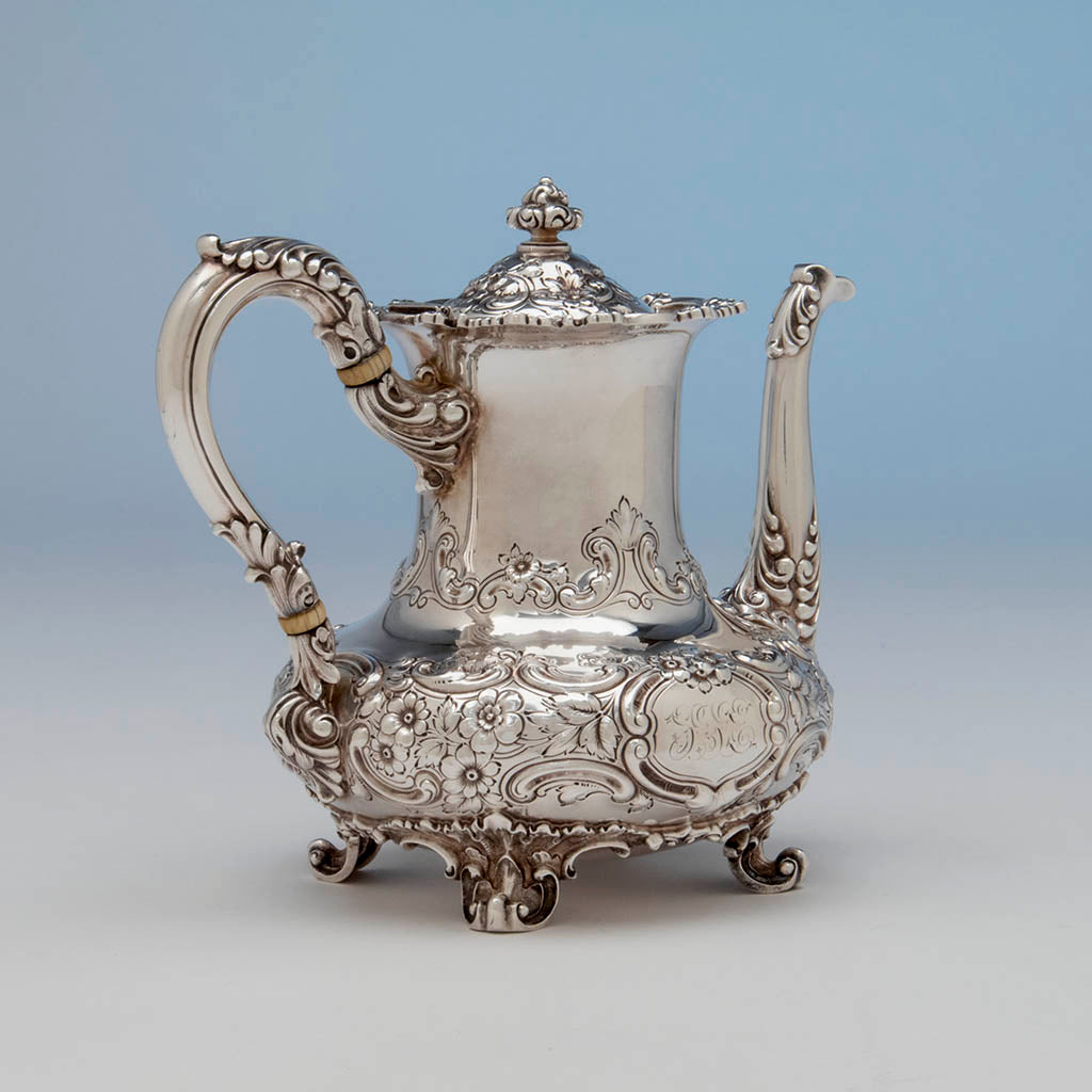 Coffee pot to Dominick &amp; Haff 5-piece Antique Sterling Silver Coffee Service, NYC, 1892