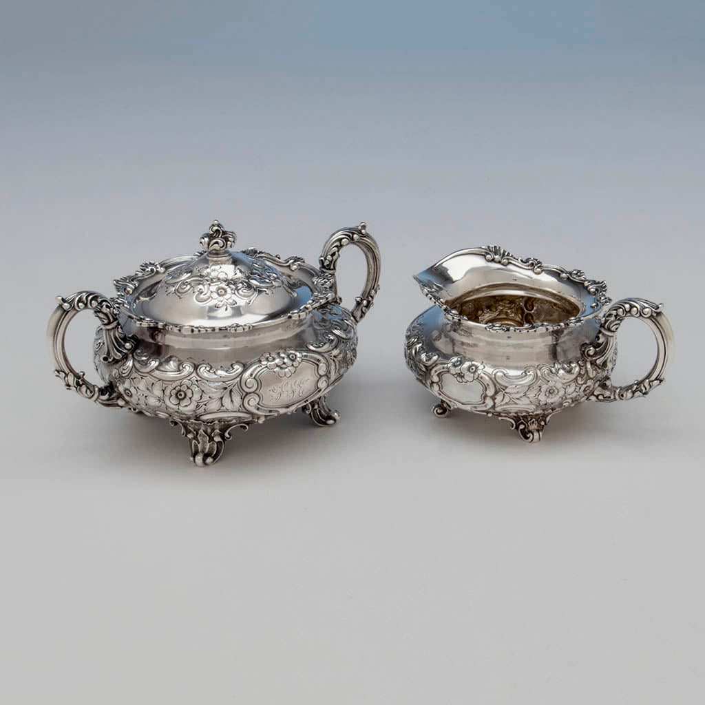 Creamer and sugar to Dominick &amp; Haff 5-piece Antique Sterling Silver Coffee Service, NYC, 1892