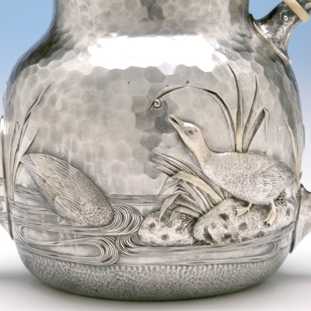 Coffee pot detail of Dominick &amp; Haff Japanesque Antique Sterling Silver Coffee &amp; Tea Service, New York City, 1881