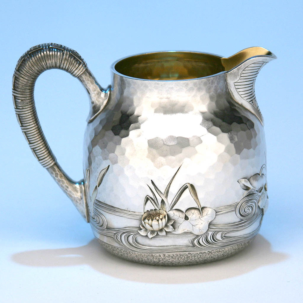 Creamer lily pod of Dominick &amp; Haff Japanesque Antique Sterling Silver Coffee &amp; Tea Service, New York City, 1881