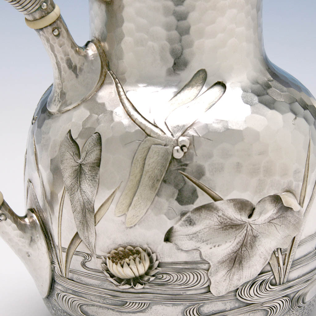 Dragonfly on Dominick &amp; Haff Japanesque Antique Sterling Silver Coffee &amp; Tea Service, New York City, 1881