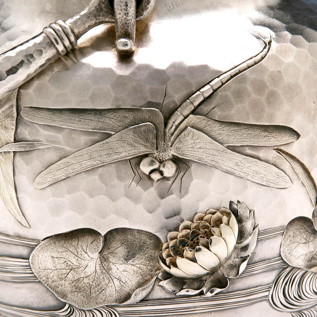 Dragonly scene on Dominick &amp; Haff Japanesque Antique Sterling Silver Coffee &amp; Tea Service, New York City, 1881