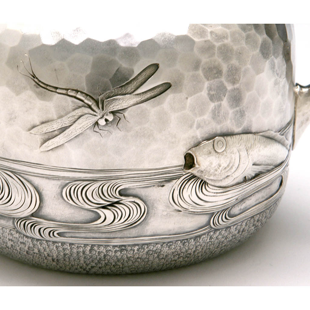 Dragonfly and fish scene on Dominick &amp; Haff Japanesque Antique Sterling Silver Coffee &amp; Tea Service, New York City, 1881