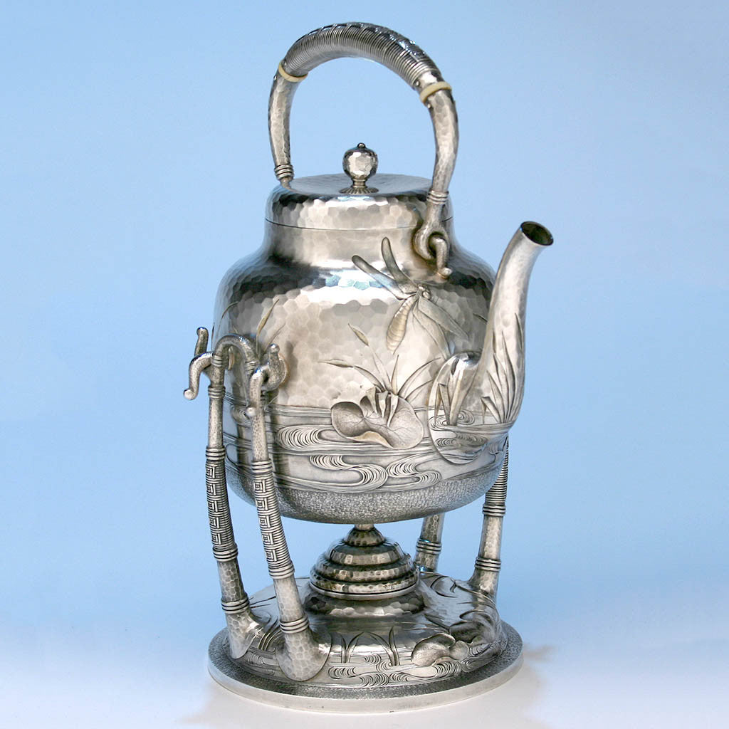 Kettle front of Dominick &amp; Haff Japanesque Antique Sterling Silver Coffee &amp; Tea Service, New York City, 1881