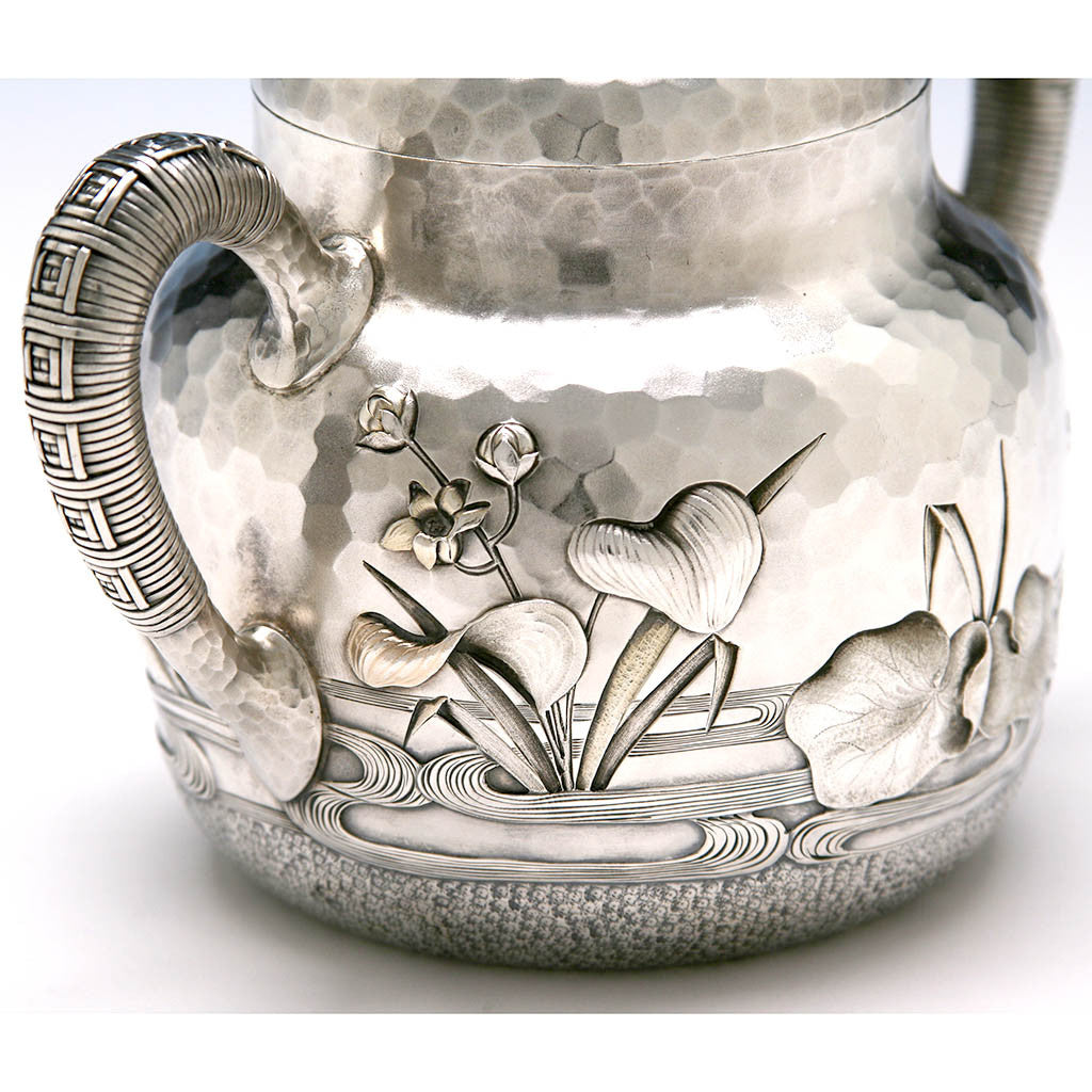 Sugar bowl detail of Dominick &amp; Haff Japanesque Antique Sterling Silver Coffee &amp; Tea Service, New York City, 1881