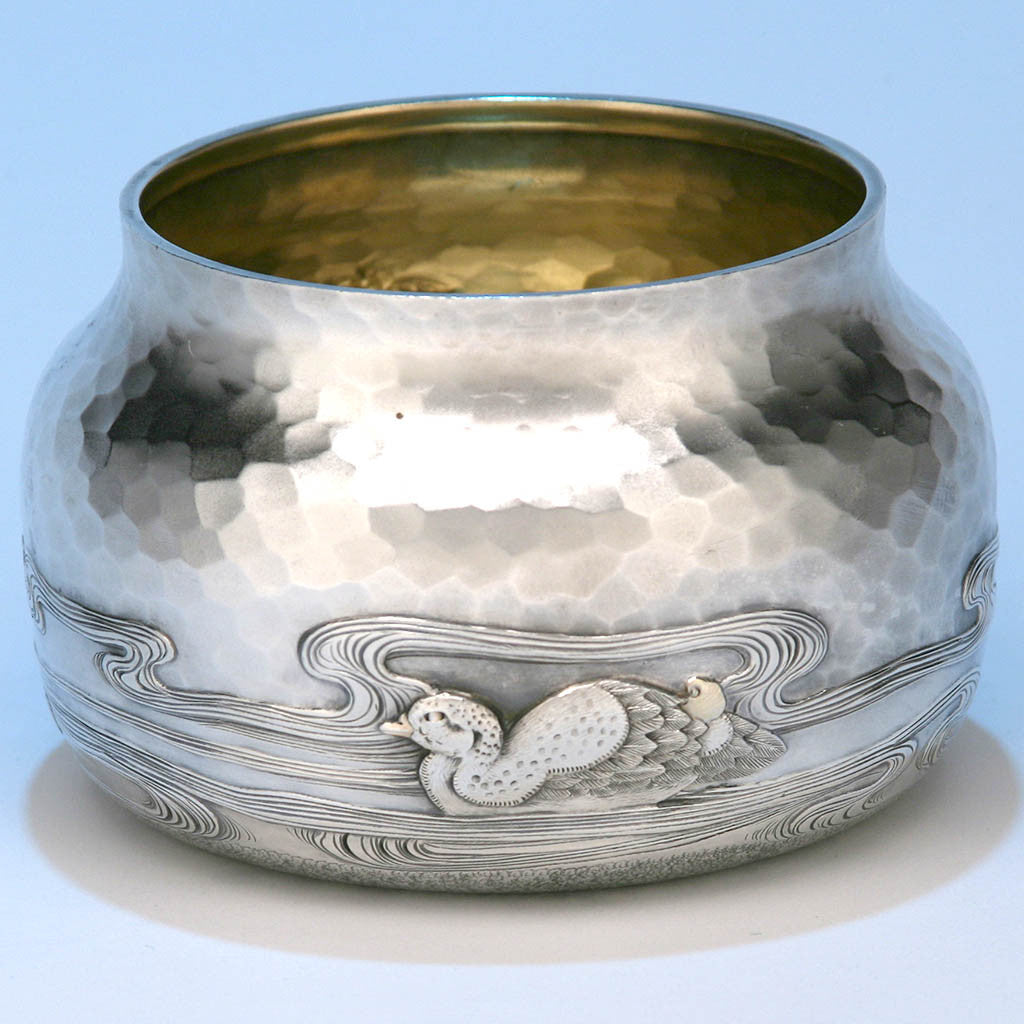 Waste bowl detail of Dominick &amp; Haff Japanesque Antique Sterling Silver Coffee &amp; Tea Service, New York City, 1881