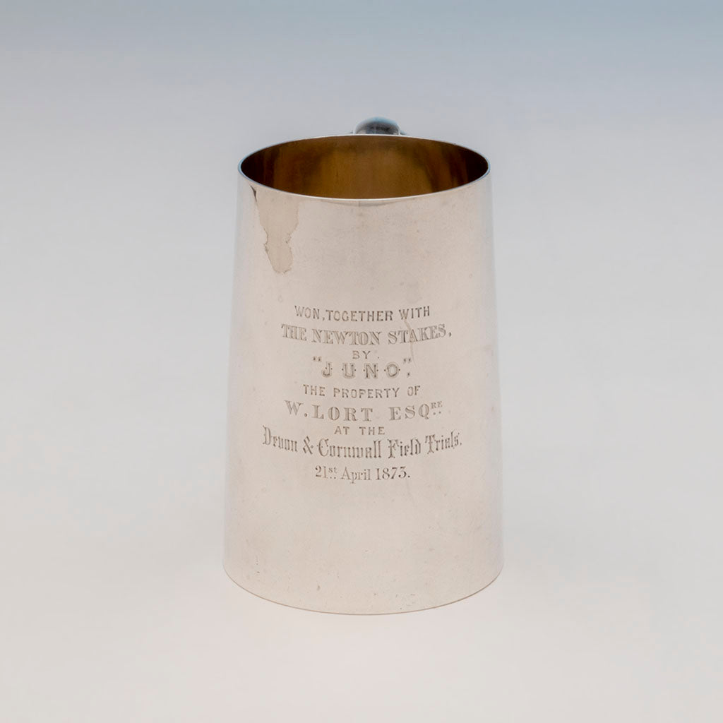 Inscription on Henry Wilkinson Antique Sterling Dog Trophy Glass-Bottomed Cann, London, 1872/73