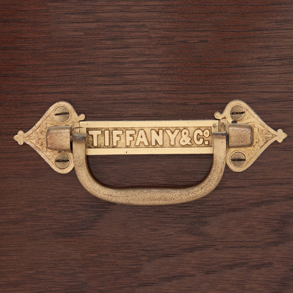 Box handle to Tiffany &amp; Co Extremely Rare and Fine Antique Sterling Silver 6 Piece Coffee and Tea Service, Edward C. Moore, c. 1870-75, in Original Union Square Mahogany Box with later Tiffany Antique Sterling Tray