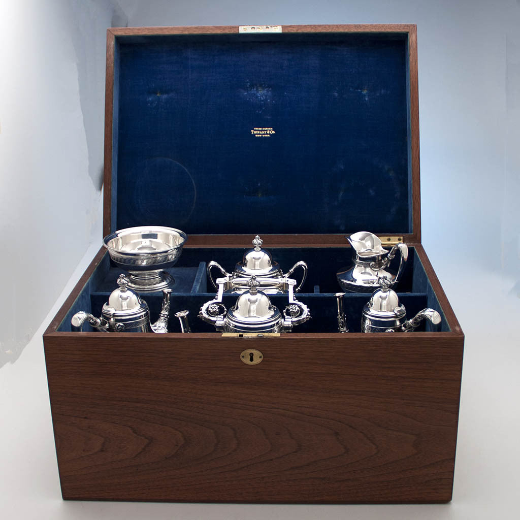 Boxed service of Tiffany &amp; Co Extremely Rare and Fine Antique Sterling Silver 6 Piece Coffee and Tea Service, Edward C. Moore, c. 1870-75, in Original Union Square Mahogany Box with later Tiffany Antique Sterling Tray