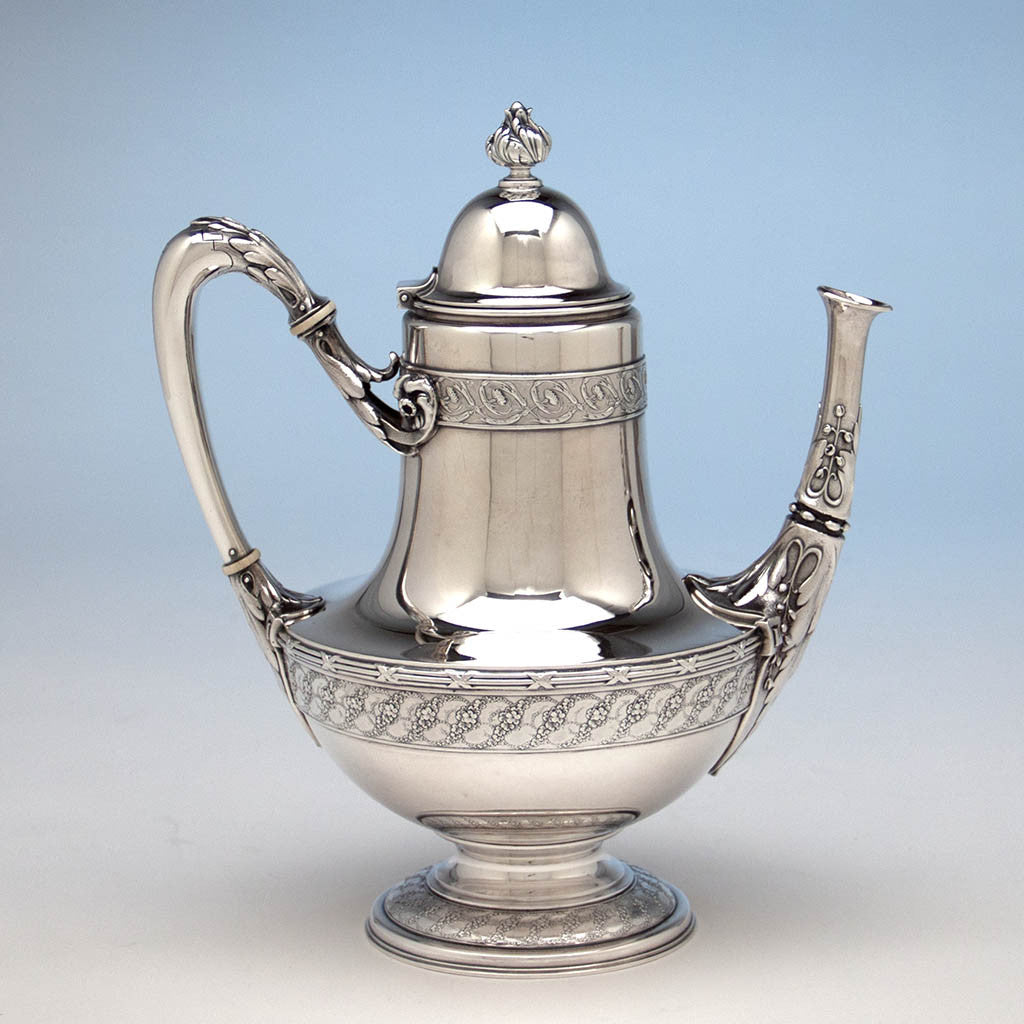 Coffee pot to Tiffany &amp; Co Extremely Rare and Fine Antique Sterling Silver 6 Piece Coffee and Tea Service, Edward C. Moore, c. 1870-75, in Original Union Square Mahogany Box with later Tiffany Antique Sterling Tray