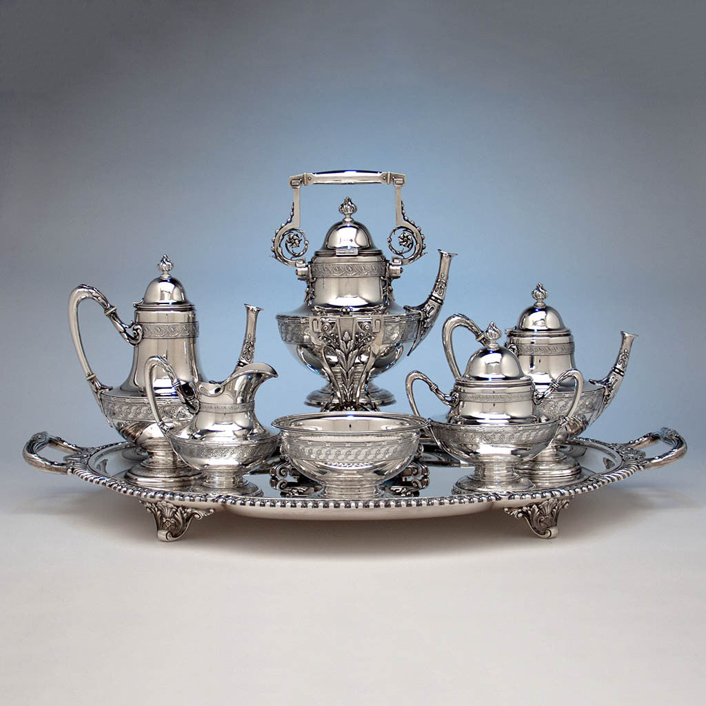 Tiffany & Co Extremely Rare and Fine Antique Sterling Silver 6 Piece Coffee and Tea Service, Edward C. Moore, c. 1870-75, in Original Union Square Mahogany Box with later Tiffany Antique Sterling Tray