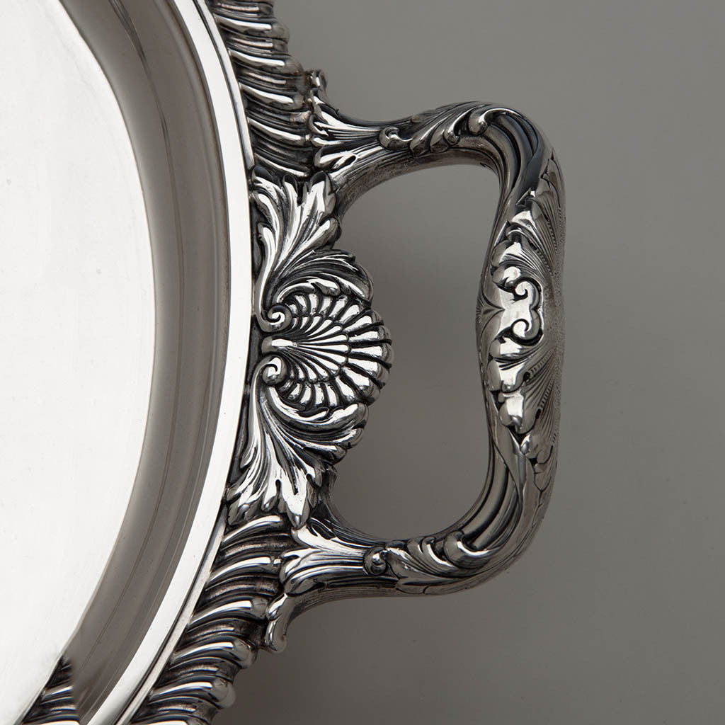Tray handle to Tiffany &amp; Co Extremely Rare and Fine Antique Sterling Silver 6 Piece Coffee and Tea Service, Edward C. Moore, c. 1870-75, in Original Union Square Mahogany Box with later Tiffany Antique Sterling Tray