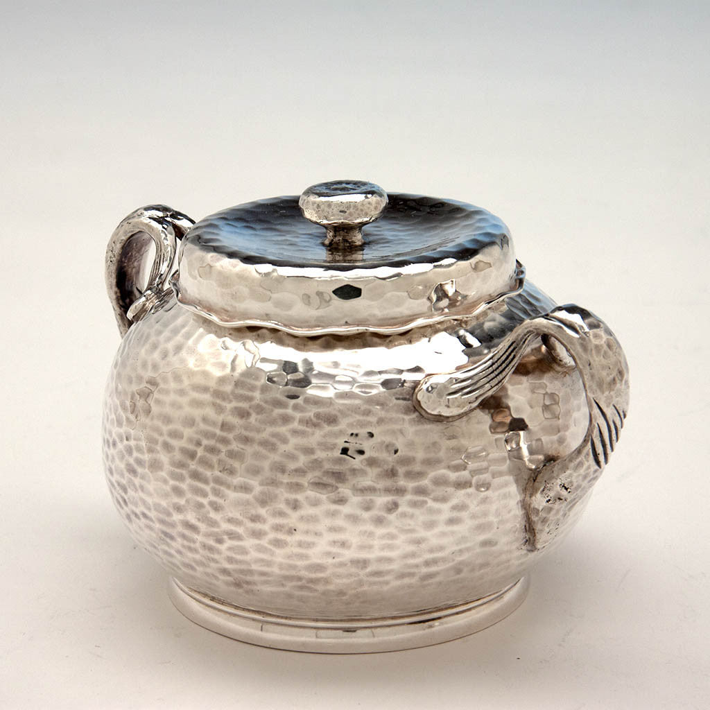 Covered sugar bowl to Tiffany &amp; Co Antique Sterling Silver 3 Piece Aesthetic Movement Tea Service, New York City, c. 1881