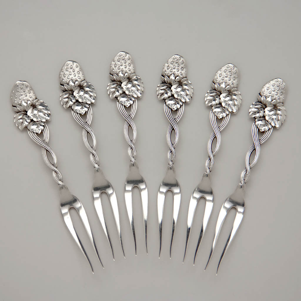 Tiffany &amp; Co Antique Sterling Silver &#39;Strawberry&#39; Pattern Berry Forks, NYC, c. 1900 set of 6