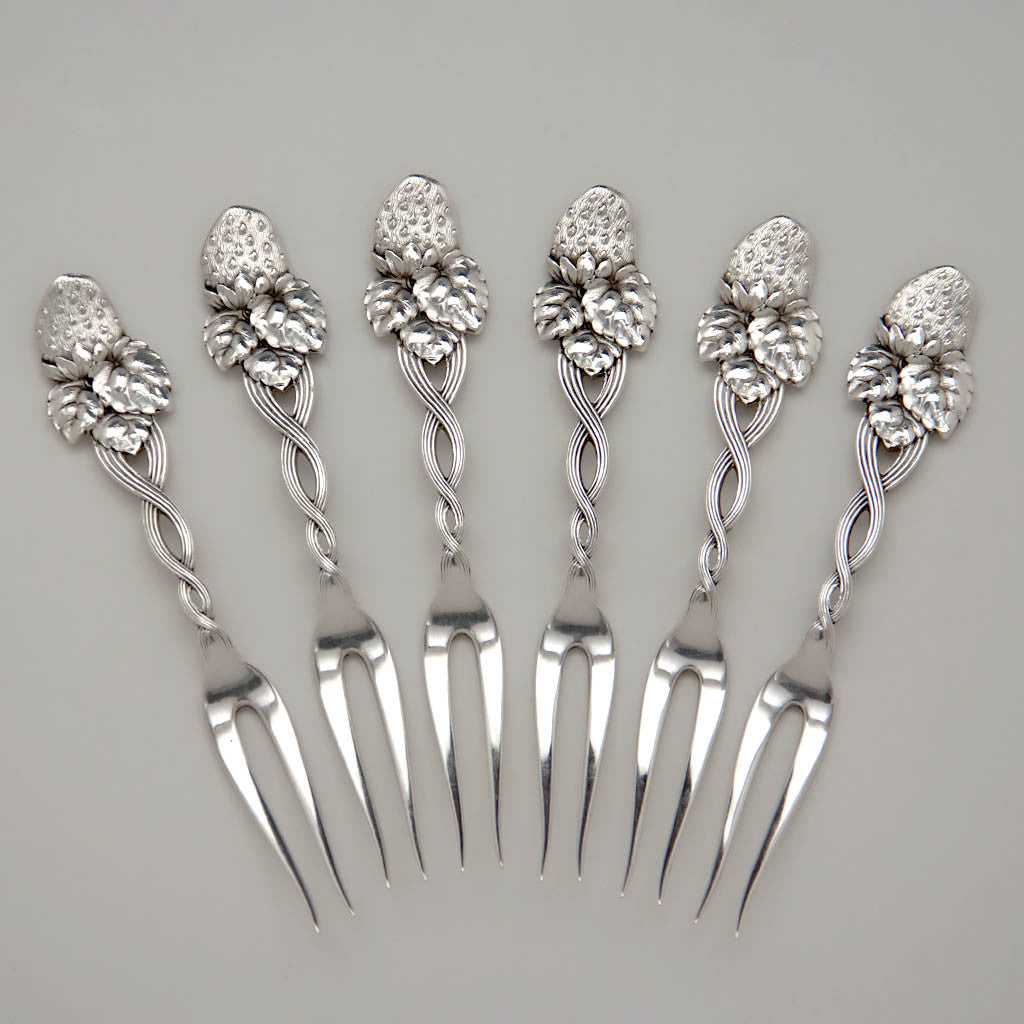 Tiffany & Co Antique Sterling Silver 'Strawberry' Pattern Berry Forks, NYC, c. 1900 set of 6